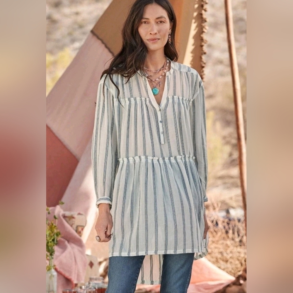 Sundance Thea Cotton Wht & Nvy Oversize Striped High/Low Tier Ruffle Tunic Sz XS